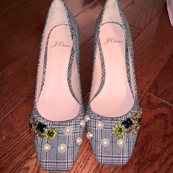 J crew plaid / pearl and jeweled block heels